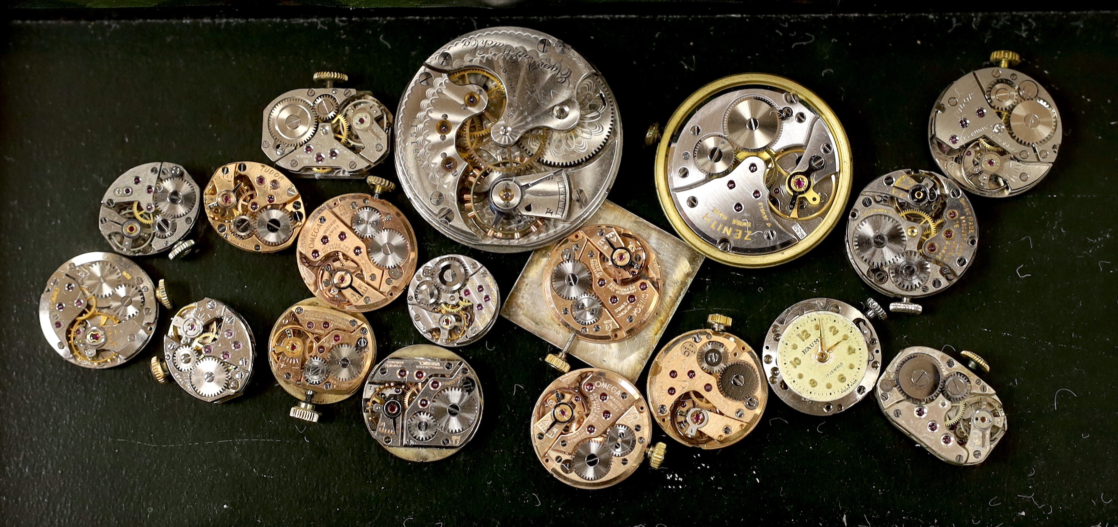 A small group of assorted lady's and gentleman's wrist watch movements including Tudor, Longines and Omega.
